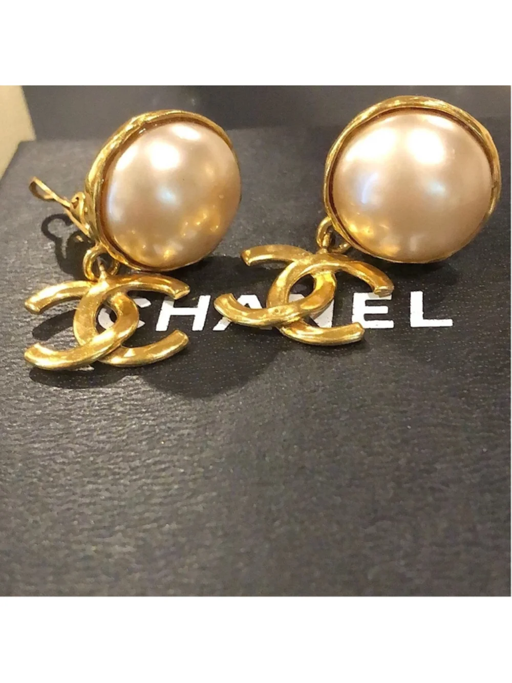CHANEL Interlinked CC 24k Gold Plated and Cream Mabe Pearl Drop Clip-On Earrings